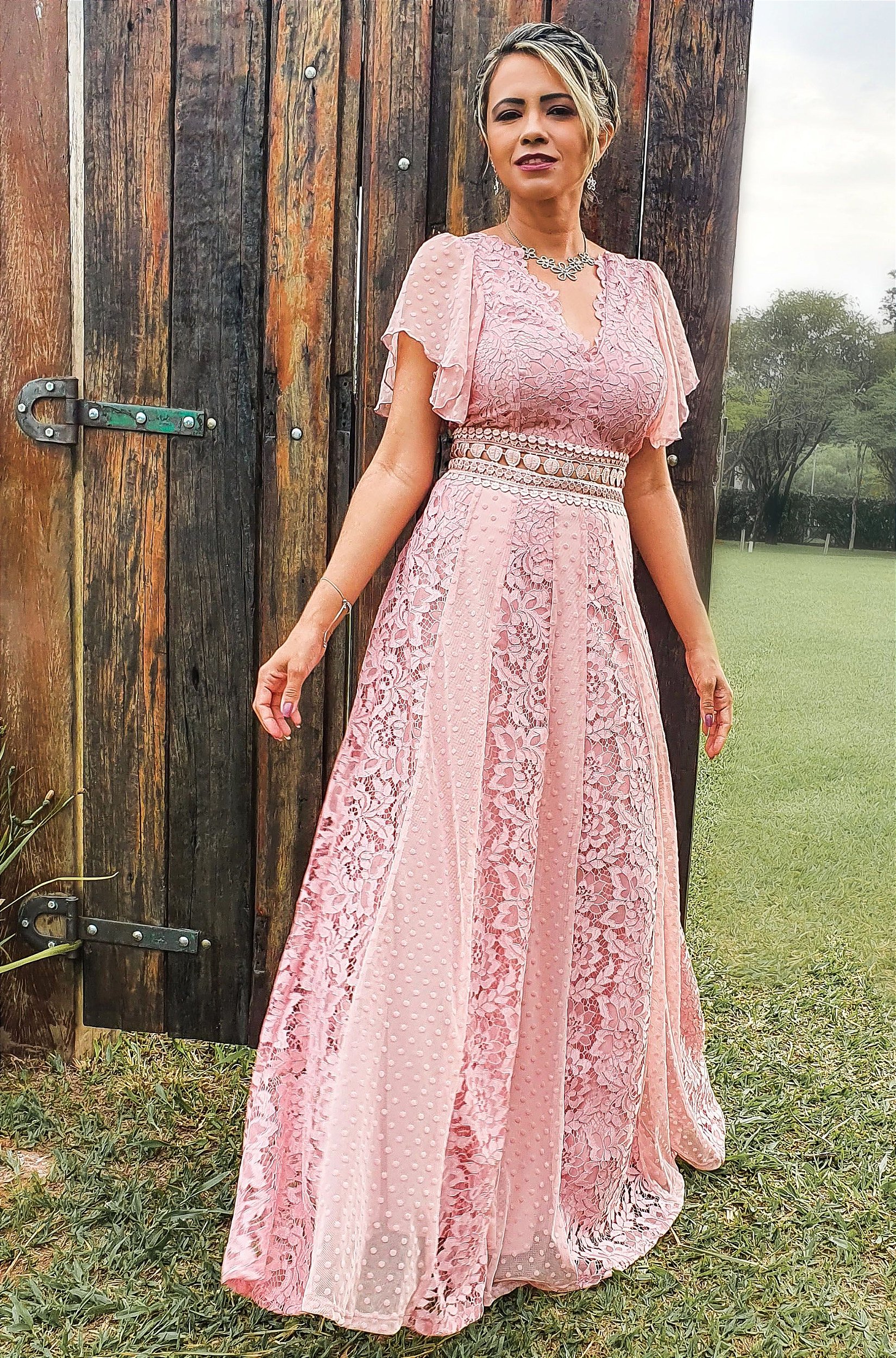 vestido longo rosa chá
